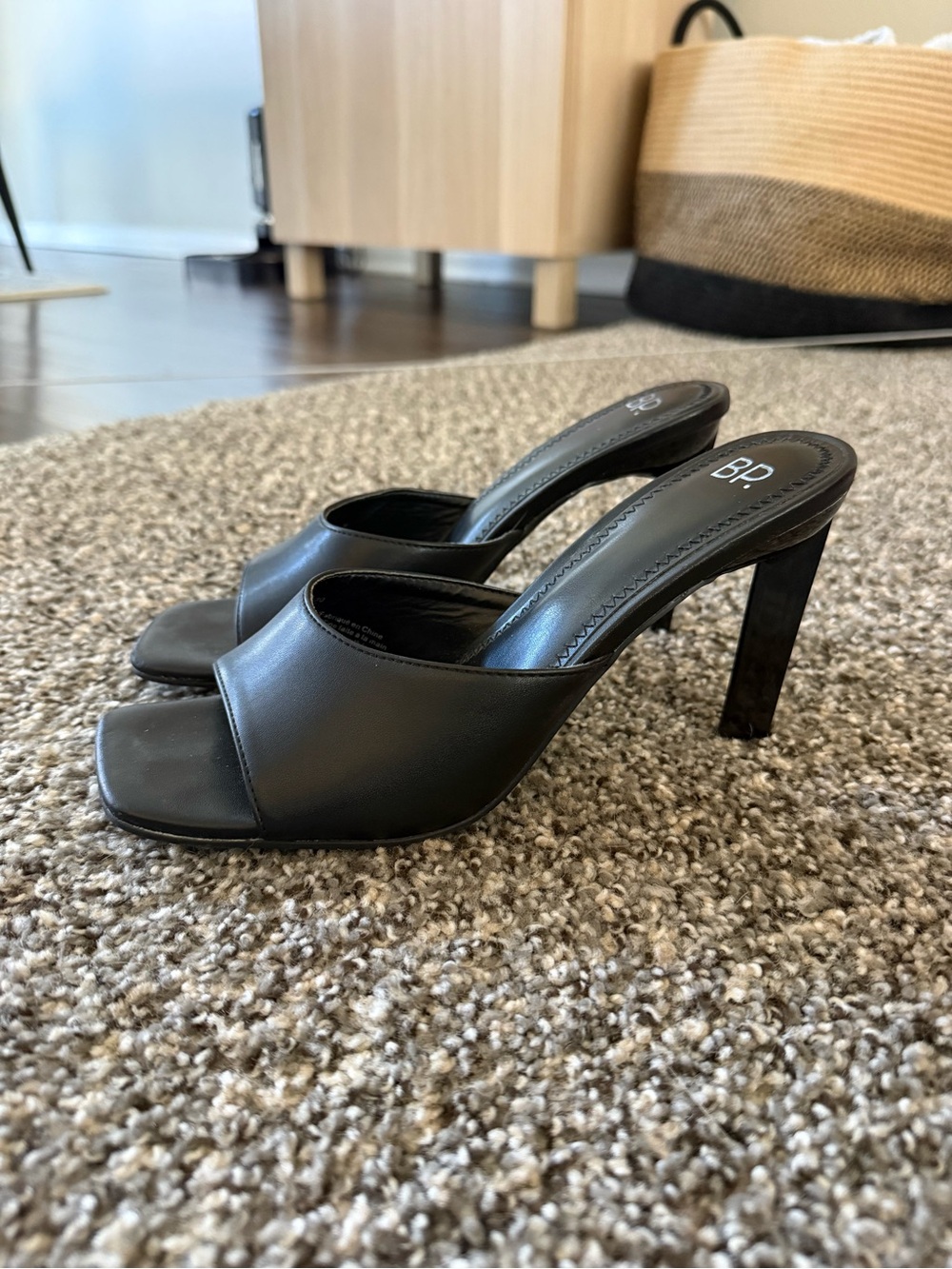 bp Black Leather Square-Toe High Heel Mules